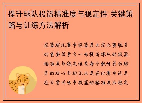 提升球队投篮精准度与稳定性 关键策略与训练方法解析 提升球队投篮精准度与稳定性 关键策略与训练方法解析