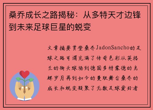 桑乔成长之路揭秘：从多特天才边锋到未来足球巨星的蜕变