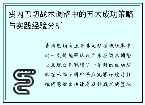 费内巴切战术调整中的五大成功策略与实践经验分析