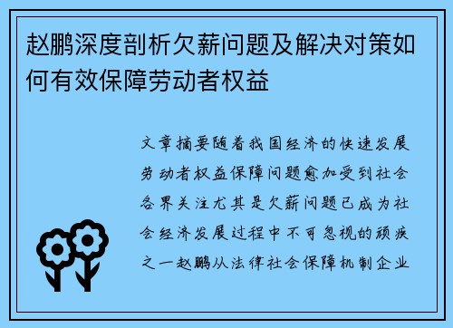 赵鹏深度剖析欠薪问题及解决对策如何有效保障劳动者权益